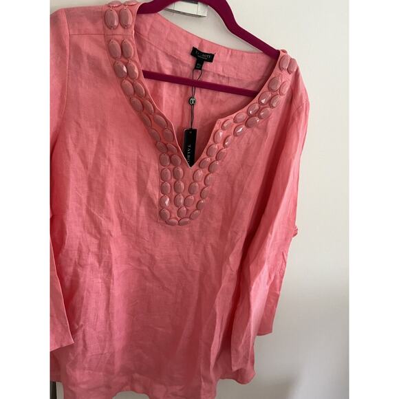 Talbot's Women 3X Petite Pink Linen Tunic Embellished V Neck Blouse NEW - Picture 1 of 6